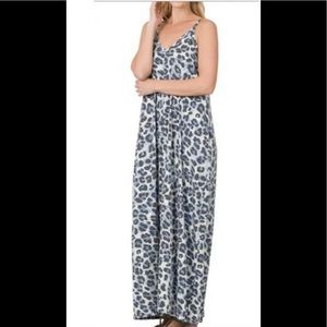Sexy Loose Fitting Cheetah Plus Size V-Neck Maxi Dress Side Pockets Adj Staps